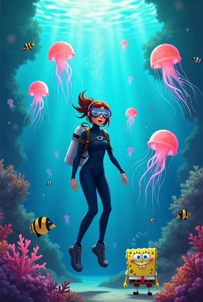 brunette woman with long brown hair, wearing purple bathing suit, surrounded by jellyfish, at beach, realistic style image, Surrounded by Vector VibraPrint Ready t-shirt design, white background, side view, label, clean white background, professional vector, very high detail , t-shirt design, vibrant.