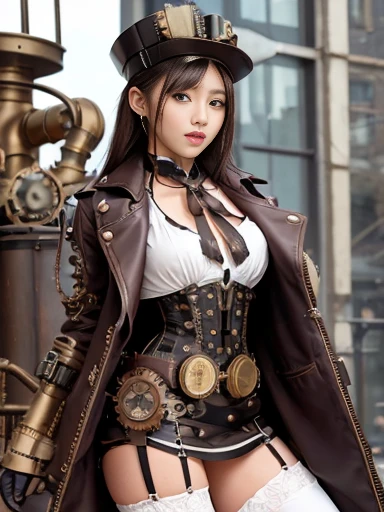 (steampunk:1.3), mechanical suits,white decoration shirt,mini skirt,thighhighs,gloves, jacket, long sleeves,goggles around neck, hat,precision machinery