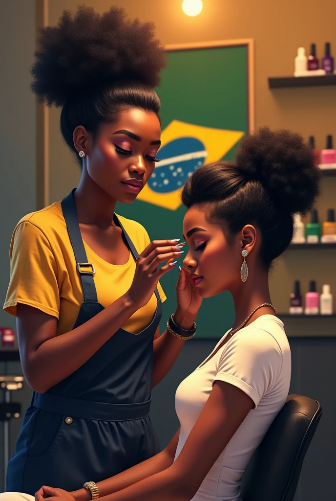 Black woman hairdresser in a beauty salon fixing hair of a white woman from behind and nail polish on the wall with Brazilian flag