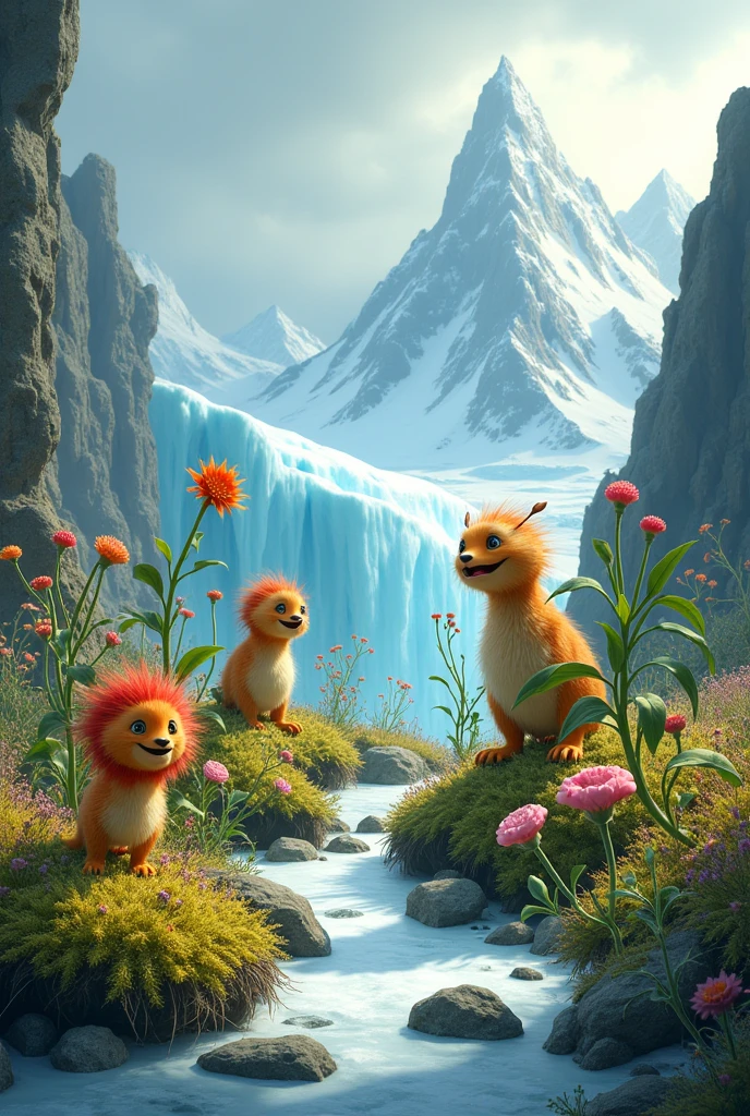 Pixar-like image of different species of Antarctic plants (Mosses ,lichens ,began ,etc)