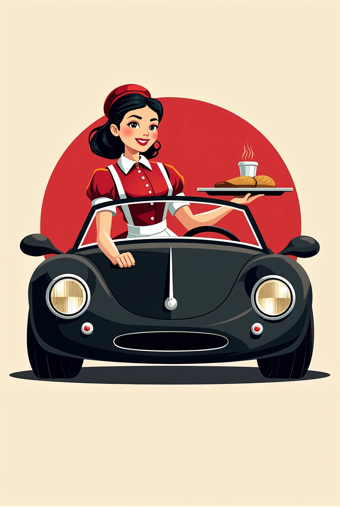shape of a red waitress sitting in a black car and the waitress holding a tray, for a logo