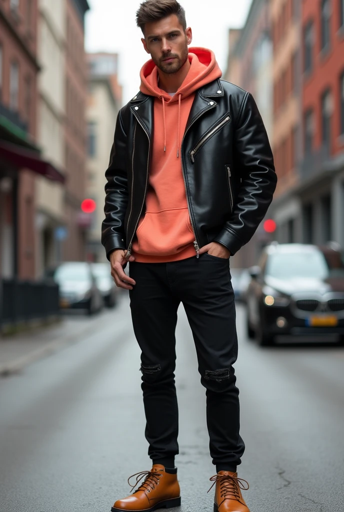 Man in short black leather jacket, under salmon-colored hooded sweatshirt, black jeans and camel-colored shoes 