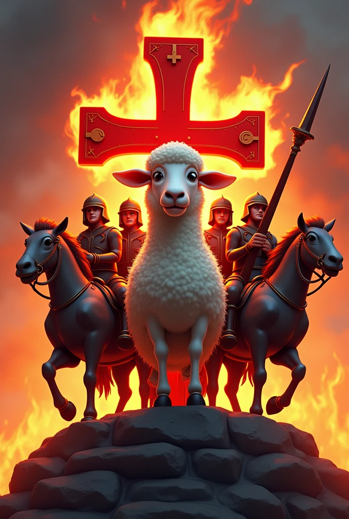 Make a brotherhood coat of arms with a sheep in the center and soldiers at war. red details, cross and fire in the background. Pixar style for children and young people