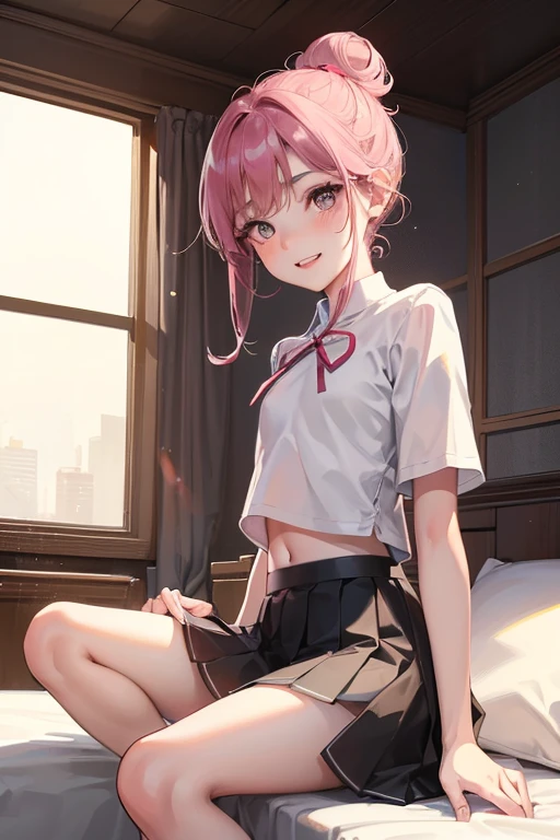 Chinese girl
,School uniform
,White pleated skirt
,Black messy bun
,black eyes
,small waist
,Sitting on the bed
,night time
,There is warm light from the bulb.
,Beautiful composition
,Taken by a professional photographer
,Smiling, not seeing teeth.
,Happy shy
,Thin eyebrows, not too dark
,small nose
,There are some small bumps on the face.
,small breasts
,Don't be a jerk.
,small
,sparkling eyes
,pink mouth
,pink cheeks
,See the thighs and navel