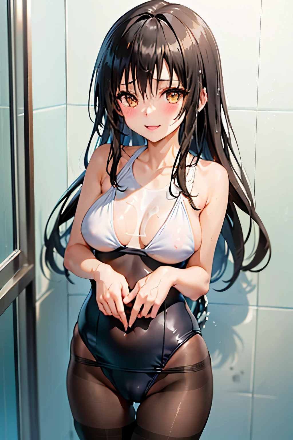 Highest quality, Tabletop, Portraiture, , One Girl, Kotegawa Yui, Black Hair, Long Hair, Long Bangs, Brown eyes, Medium sized breasts, ((Shower room)), View your viewers, smile,Picture below、((Swimsuit))、((pantyhose))、((The whole body gets wet))、((White swimsuit))