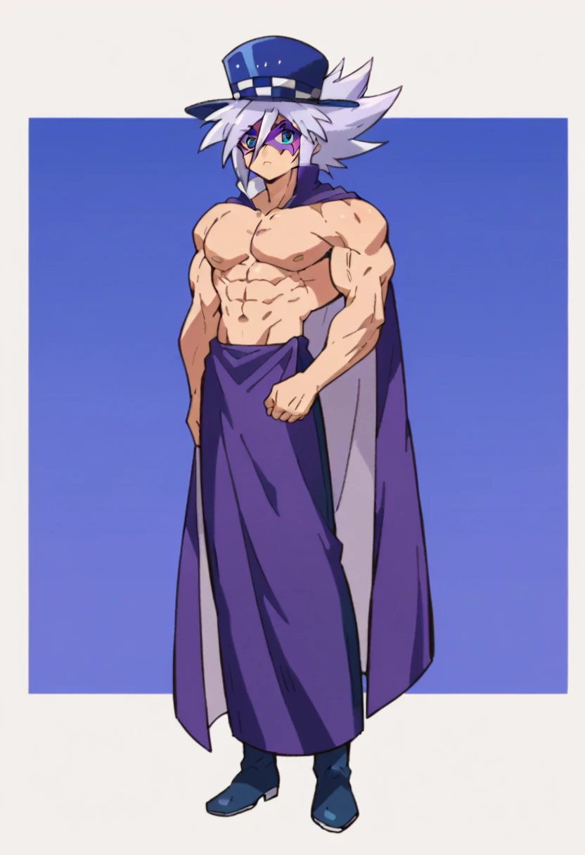 Highest quality,Masterpiece,Pro Art,8k,Based on anatomy,silk hat,Light purple hair,Eye mask,Purple Cape,Japan animated style,kait8uj8ker, white hair, spiked hair, Blue eyes,Full body image,Huge muscles,Huge erect penis,