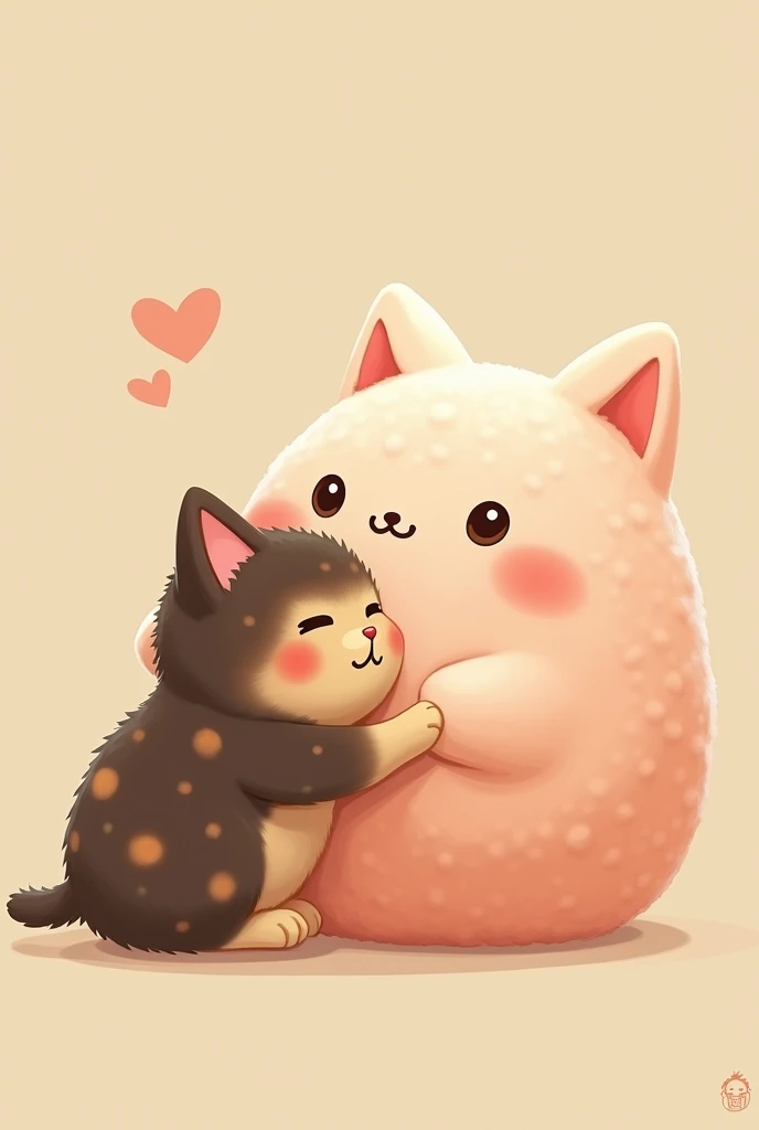 1 mochi, a traditional Japanese dessert that has a face and is pink, and is also being hugged by a small tortoiseshell cat 


