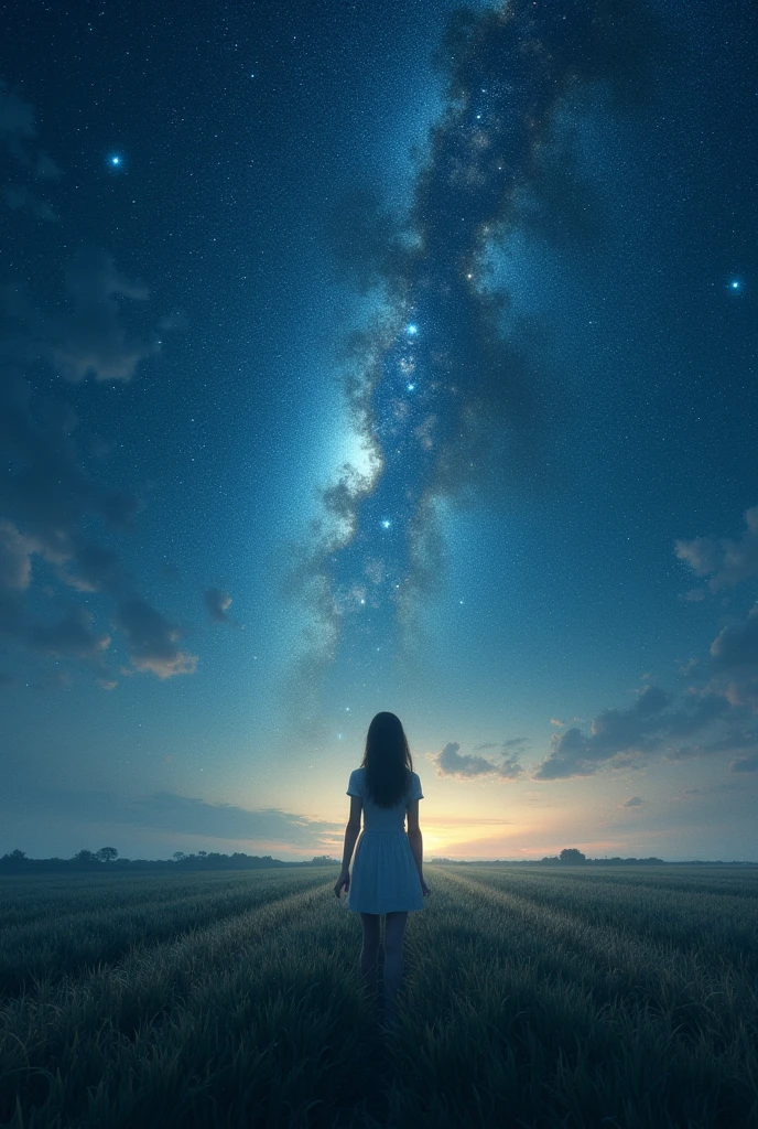 The girl stands in the field and looks at the galaxy, the stars, cinematic, film, realistic