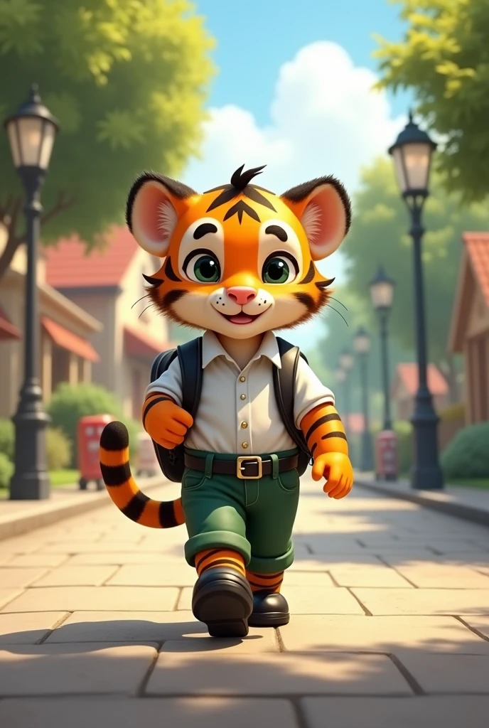 Baby tiger walking to school in long green pants, White shirt, black belt and black shoes