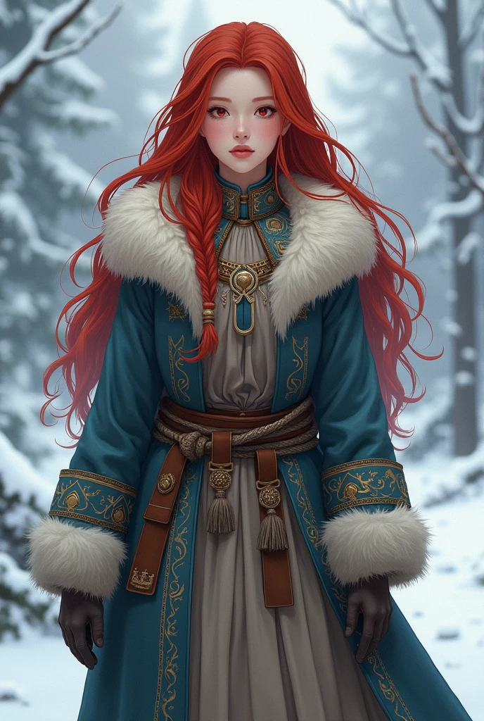 Genderfluid, more feminine, less masculine, indigenous norse clothes with fur, tall, red hair, female asian face, in cold climate, wide hips, narrow shoulders, digital anime artstyle, gloved hands, short hair