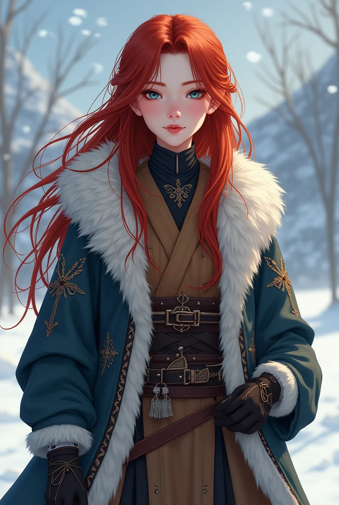 Genderfluid, more feminine, less masculine, indigenous norse clothes with fur, tall, red hair, female asian face, in cold climate, wide hips, narrow shoulders, digital anime artstyle, gloved hands, short hair