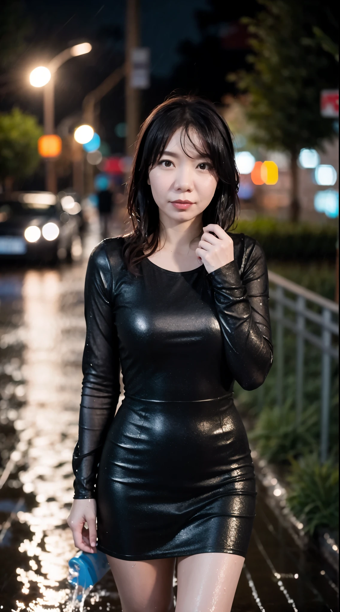 (masterpiece, best quality:1.2), 1girl, 35yo, solo, thick body, wet, wet hair, wearing soaked see trough, drenched, mini black dress, ParewaFace, standing against night town, wet road, rainy, blurry background, depth of field, ((bokeh)), (rain falling)