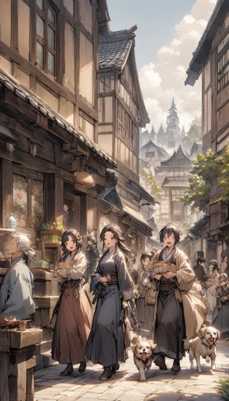 Edo period streetscape。A scene of dogs happily roaming around in the square。Old-fashioned streetscape and people dressed in Edo period clothing々In the background。The dogs are the townsfolk々Scenery of spending time together