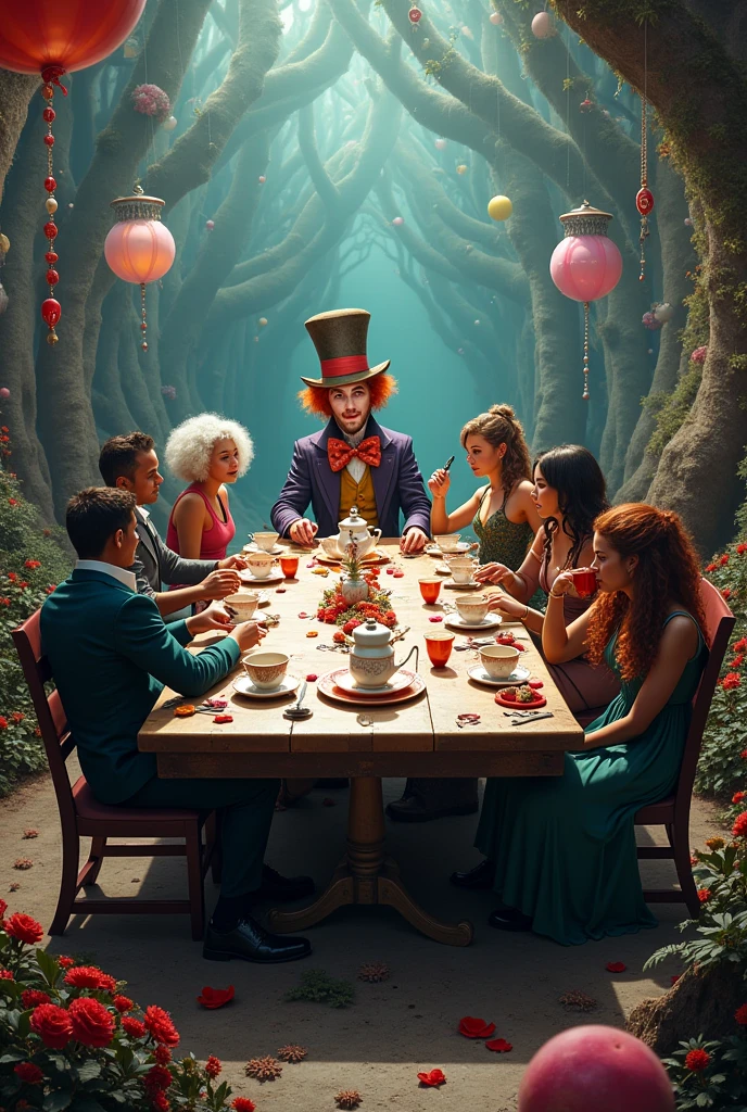 Make the Mad Hatter&#39;s rectangular tea table with him at the end and in the middle of the image and the rest of the characters so that the table is facing the front of the table with various tea things, flowers, cups jugs, crazy stuff and watches Cyborg Joker Echo (Maya Lopez)
Jason Grace
Leo Valdez
Loki
Nico di Angelo
Piper McLean
Professor Xavier
Reyna Avila
Toph
Thor