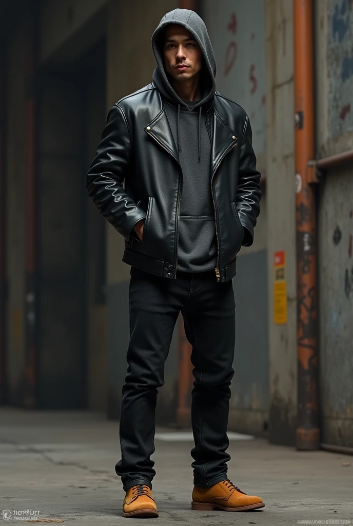 Man in short black leather jacket, under charcoal grey hooded sweatshirt, black jeans and camel-colored shoes