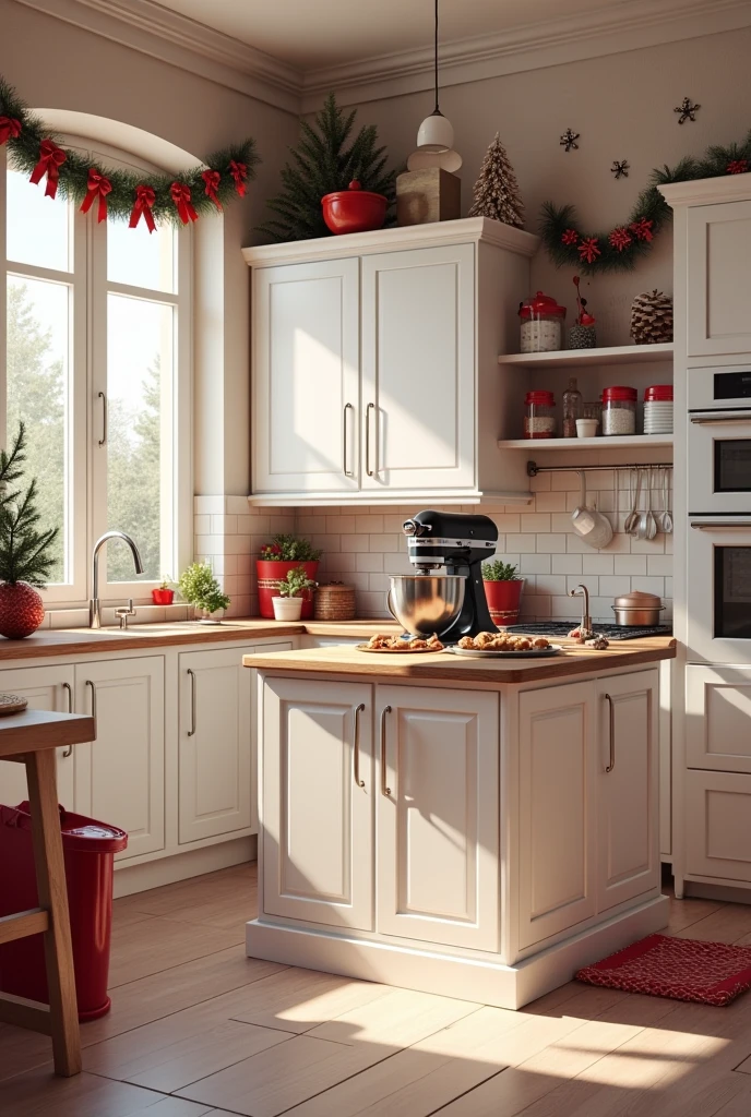Please create an image of a kitchen decorated for Christmas with white and red colors and some utensils in red or black., in the background there is a cupboard with three doors, a shelf and three more doors underneath, next to this cabinet there is a bench, on the other side there is another vertical cabinet with three shelves, in the middle of the kitchen there is an island where gingerbread cookies are prepared and on top of this island there is a black Kitchen Aid mixer.