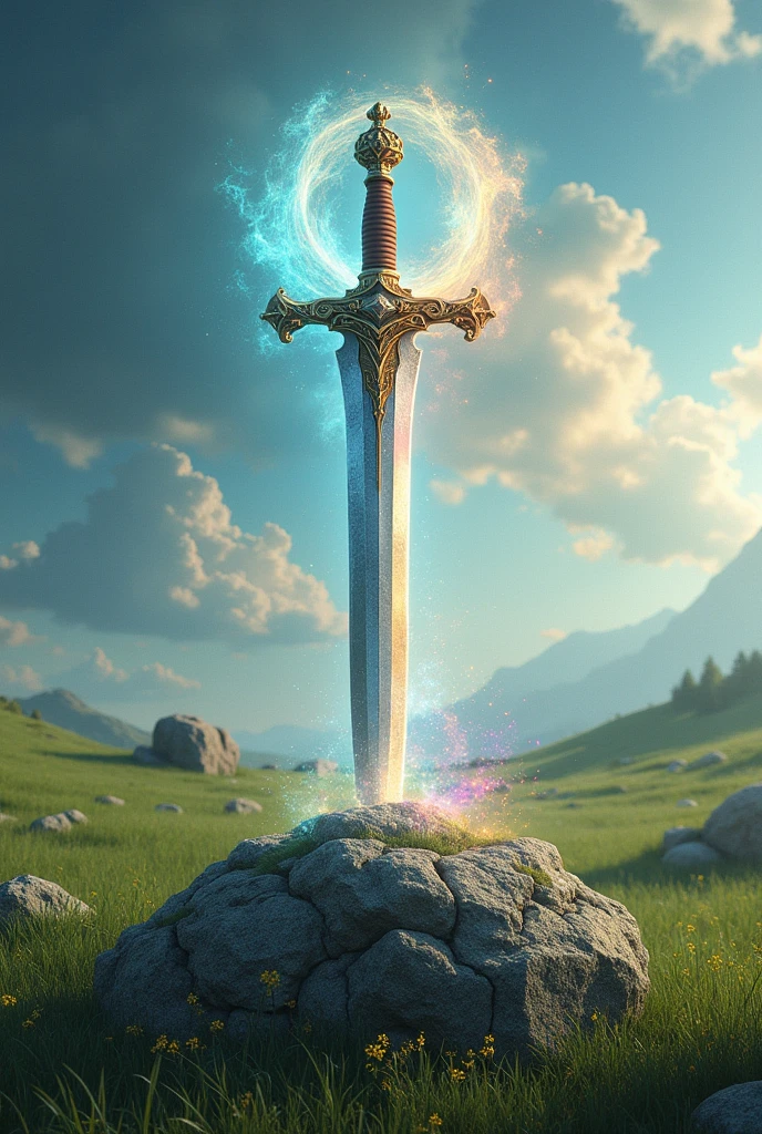 masterpiece、Highest quality、Very detailed、Ultra-high resolution、middle ages、Sword stuck in a rock、sunny、grassland、Rainbow Aura of Truth