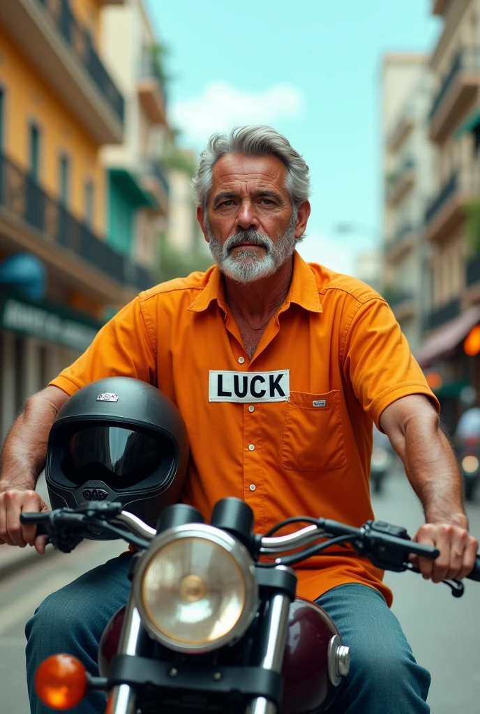Brazilian man with helmet under his arm riding a motorcycle wearing an orange dress shirt with the words Luck written on it 