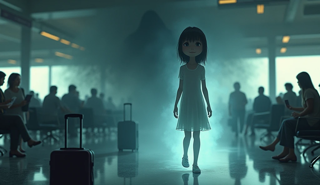 A ghostly girl with an enigmatic expression and a faint smile, fading into the hustle and bustle of an airport. A woman&#39;s suitcase can also be seen in the background., semi-open, with a dark shadow looming behind her, atmosphere of fear and horror.