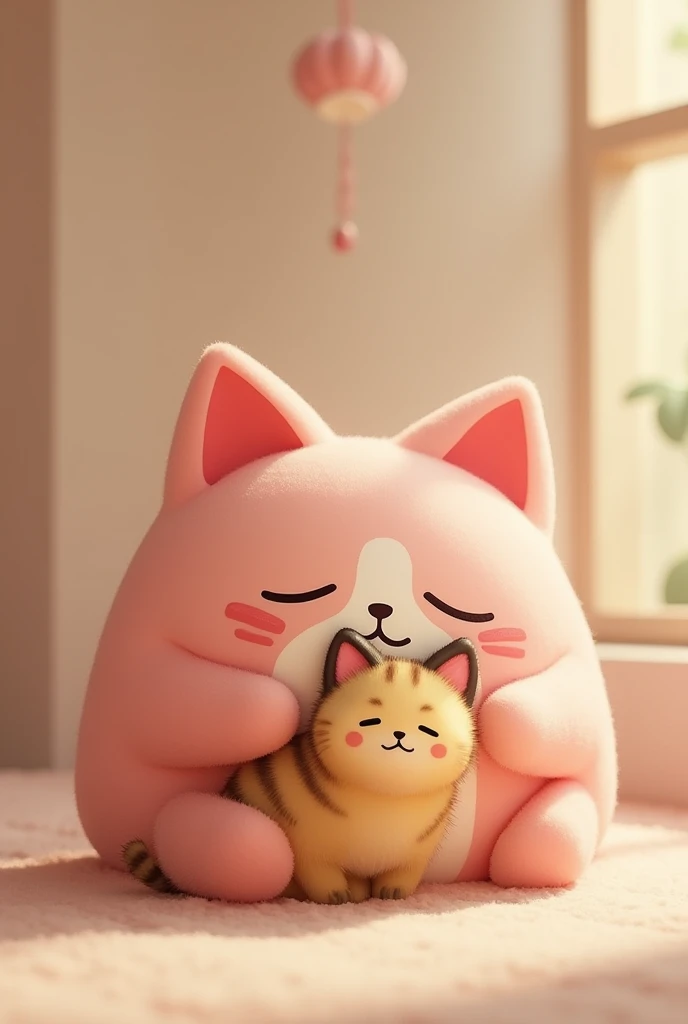 1 mochi, a traditional Japanese dessert that has a face and is also pink, and is being hugged by a small tortoiseshell cat. Don't put ears on the mochi.