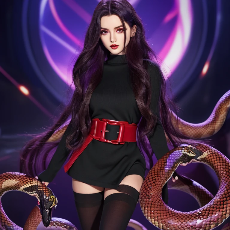  ((picture-perfect)), ((face perfect)), ((ultra detaild)), ((fully body)), ((perfectbody)), 1girl, 独奏, cabelo roxo, hair in the shape of snakes, very long hair, Eyes red, black thighighs, black and red dress, black long socks,  fully body, Standing at an altar