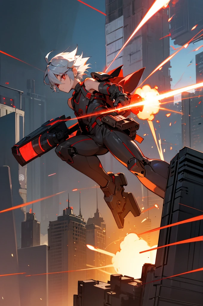 A boy of about  with silver hair and red eyes is blowing up the city. Shota Cyborg. His right arm has been transformed into a cannon.、Red energy is emitted、It's piercing the building, launching missiles from the six-barreled catapults equipped on both shoulders, carrying out a bombing attack.
