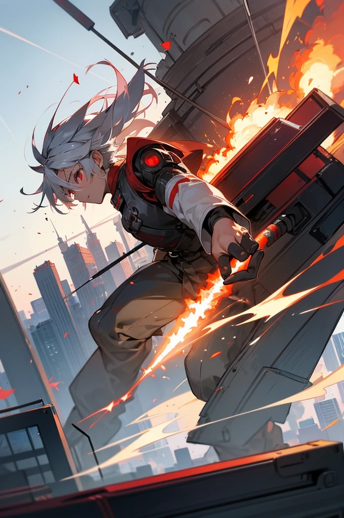 A boy of about with silver hair and red eyes is blowing up the city. Shota Cyborg. His right arm has been transformed into a cannon.、Red energy is emitted、It's piercing the building, launching missiles from the six-barreled catapults equipped on both shoulders, carrying out a bombing attack.