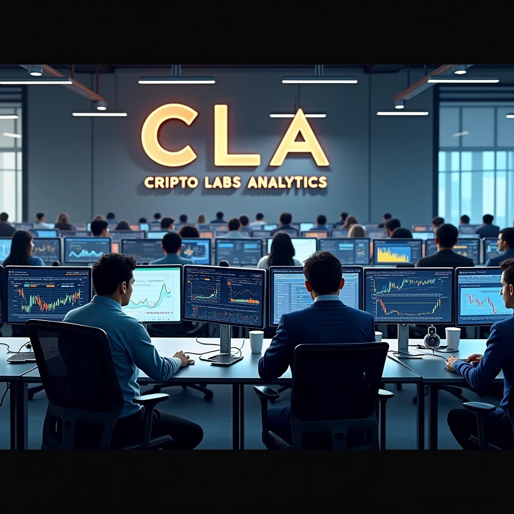 "Create a background of an office where employees sit and analyze cryptocurrency charts on computers, On the walls there is the company logo, 3 large letters CLA and a clearly legible inscription Cripto labs analytics»