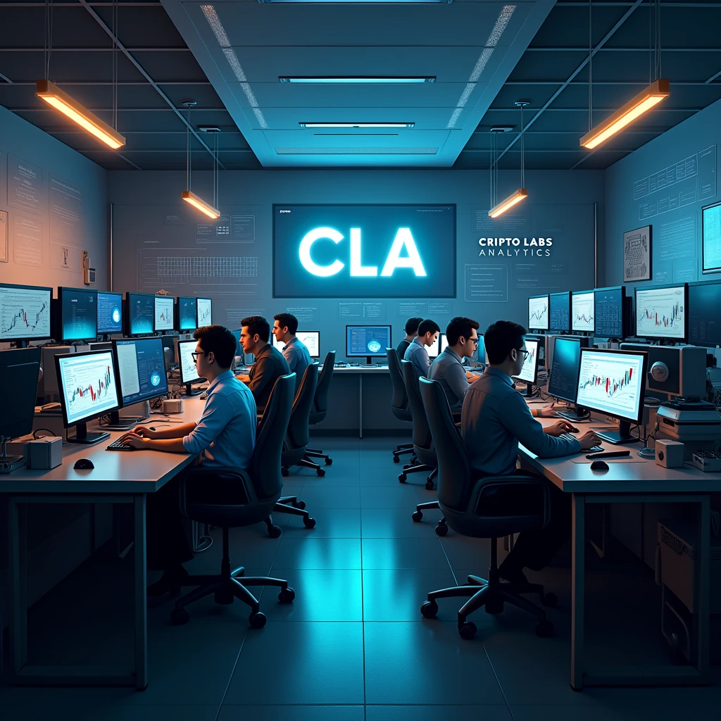 "Create a background of an office where employees sit and analyze cryptocurrency charts on computers, On the walls there is the company logo, 3 large letters CLA and a clearly legible inscription Cripto labs analytics»