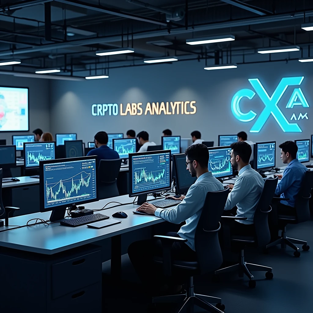 
&quot;Create a background of an office where employees sit and analyze cryptocurrency charts on computers, On the walls there is the company logo, 3 large letters CLA and a clearly legible inscription Cripto labs analytics»