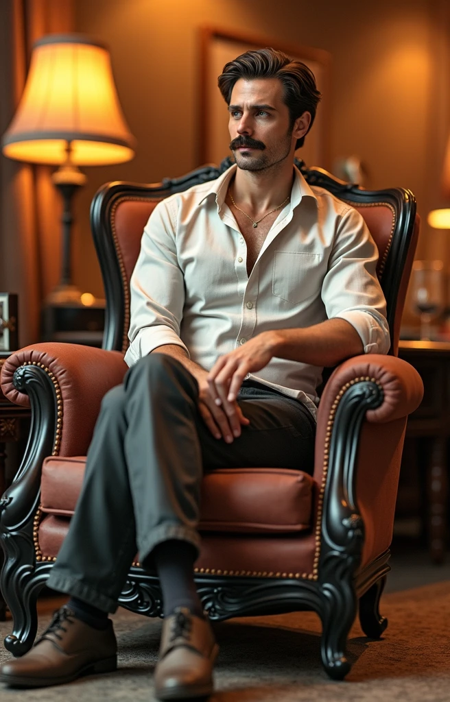 SculpAI a beautiful man  with moustache sitting on the chair 
