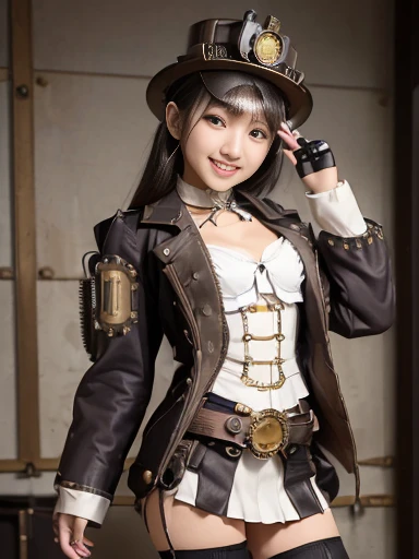 Japanese female, (underweight), (flat chest best quality:1.5), 30 years old, (cheerful grin:1.3), (steampunk:1.3), mechanical suits,white decoration shirt,mini skirt,thighhighs,gloves, jacket, long sleeves,goggles around neck, hat,precision machinery