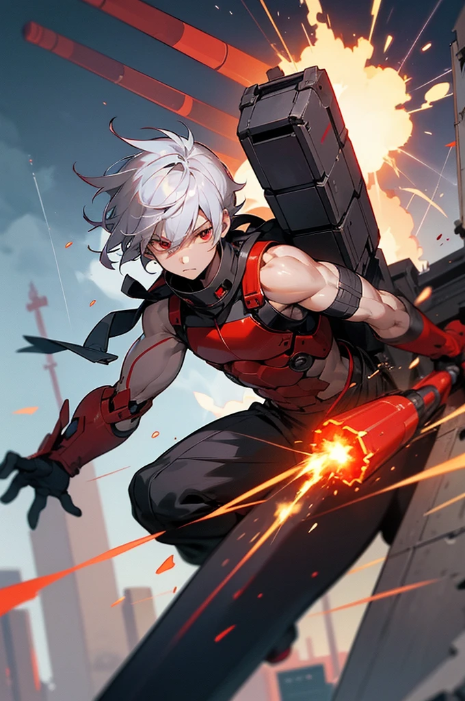 A boy of about  with silver hair and red eyes is blowing up the city. Shota Cyborg. His right arm has been transformed into a cannon.、Red energy is emitted、It's piercing the building, launching missiles from the six-barreled catapults equipped on both shoulders, carrying out a bombing attack.