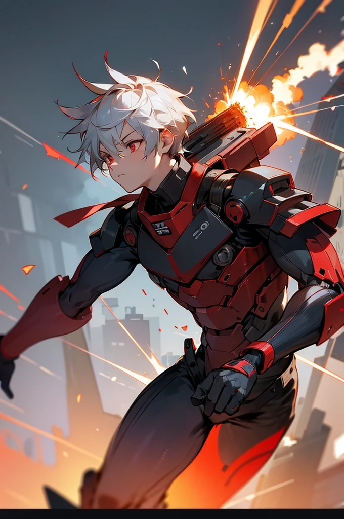 A boy of about  with silver hair and red eyes is blowing up the city. Shota Cyborg. His right arm has been transformed into a cannon.、Red energy is emitted、It's piercing the building, launching missiles from the six-barreled catapults equipped on both shoulders, carrying out a bombing attack.