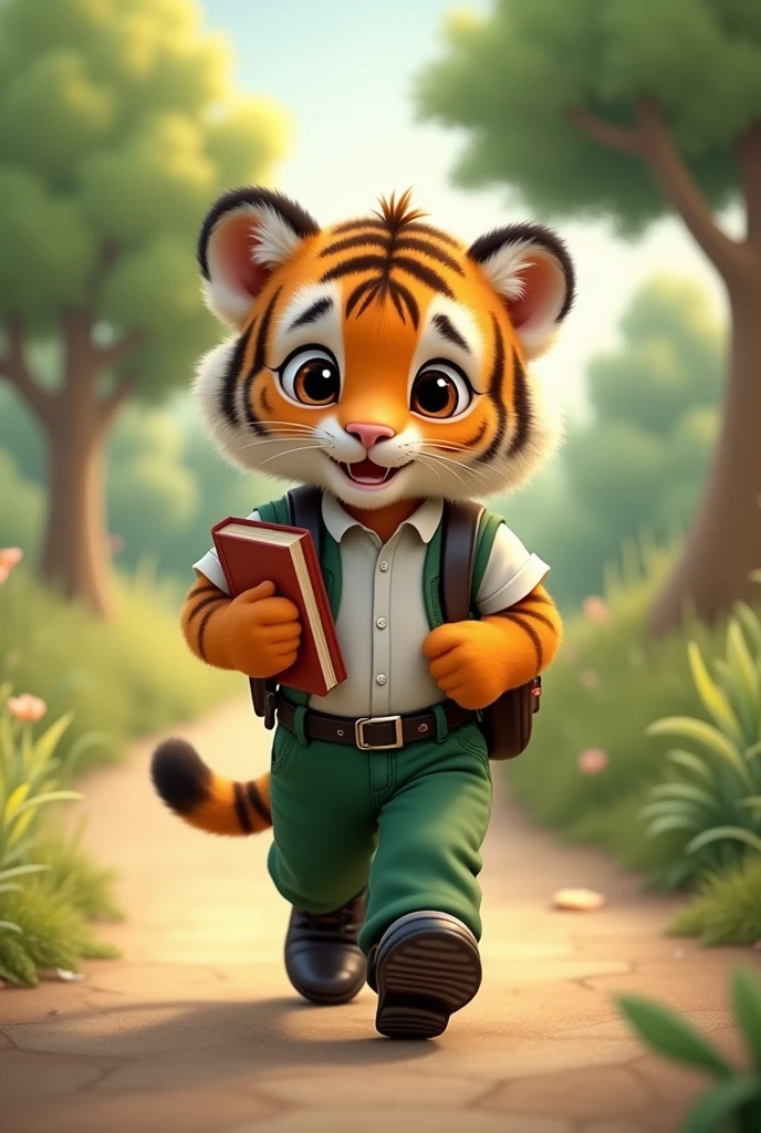 Baby tiger walking to school with book,long green pants, White shirt, black belt and black shoes