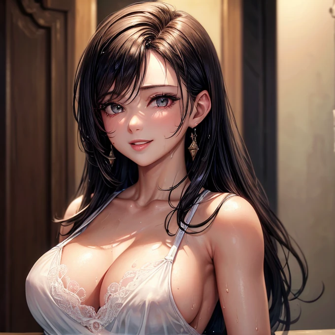 (Highest quality, masterpiece: 1.3), : 1, sexy: 1.5, Tifa Lockhart (Wet body: 1.2), Nightgown, beautiful, Cleavage, Ultra detailed face, Detailed lips, Detailed eyes, double eyelid, sexy, smile, attractive vagina A penis grows out of the vagina Having sex Big penis A lot of semen