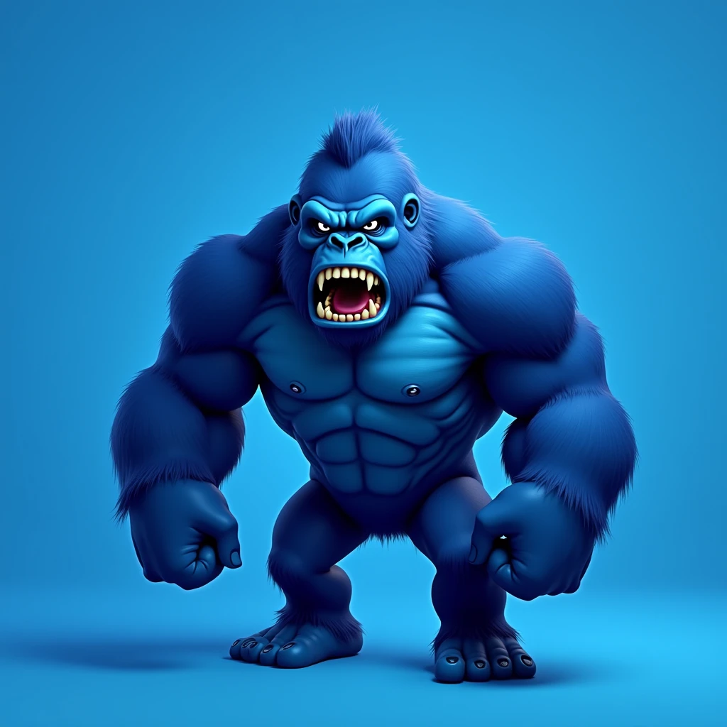 Blue gorilla , blue plain background , angry , muscular , logo , weak ,