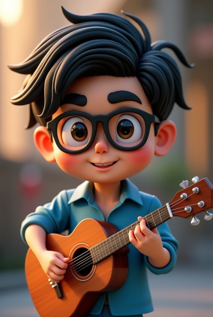 Male cartoon character wearing black glasses and a blue shirt holding a guitar, Anime characters, Stylized characters, Animation-style rendering, 3D stylized, Arnold Maya Rendering, 3D rendering style, toon render keyshot, 3D Characters, 3D Characters, 3D rendering style, 3D Charactersレンダリング, Cartoon characters, Close-up Character, Character pose,  (Pixar Style) (Master Parts:1.2) (Bokeh) (Highest quality) (Fine skin) (Fine texture) (8k) (clay) (Cinema Lighting) (Sharp focus