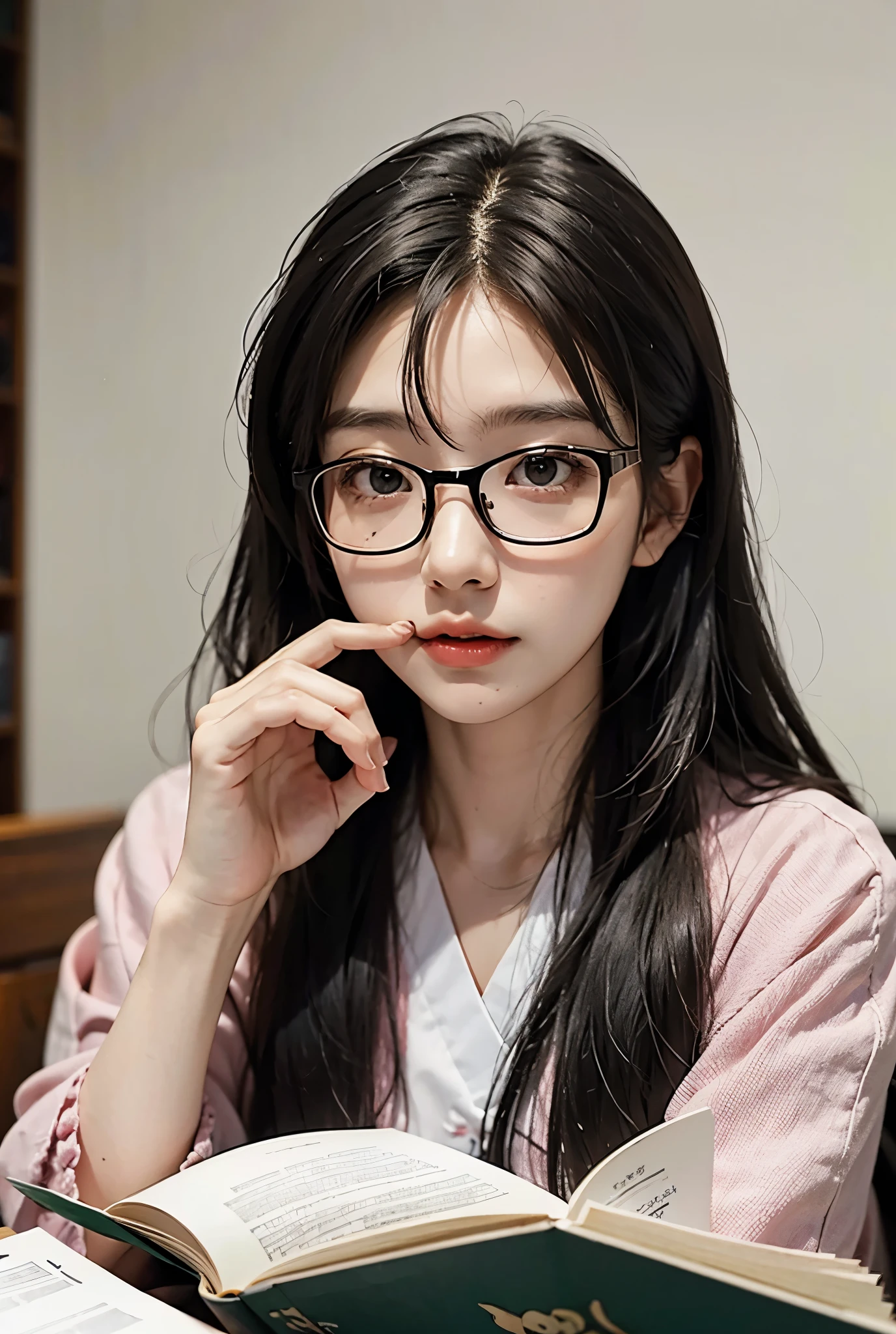 Korean、Glasses、studying、Highest quality, Long Hair