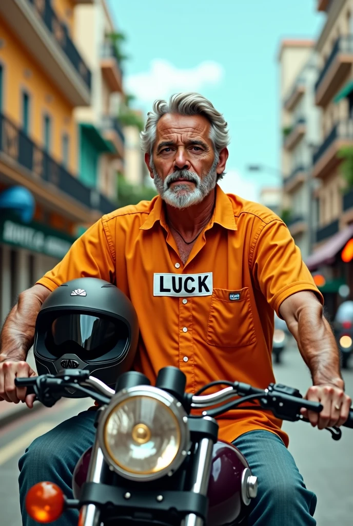 Brazilian man with helmet under his arm riding a motorcycle wearing an orange dress shirt with the words Luck written on it 