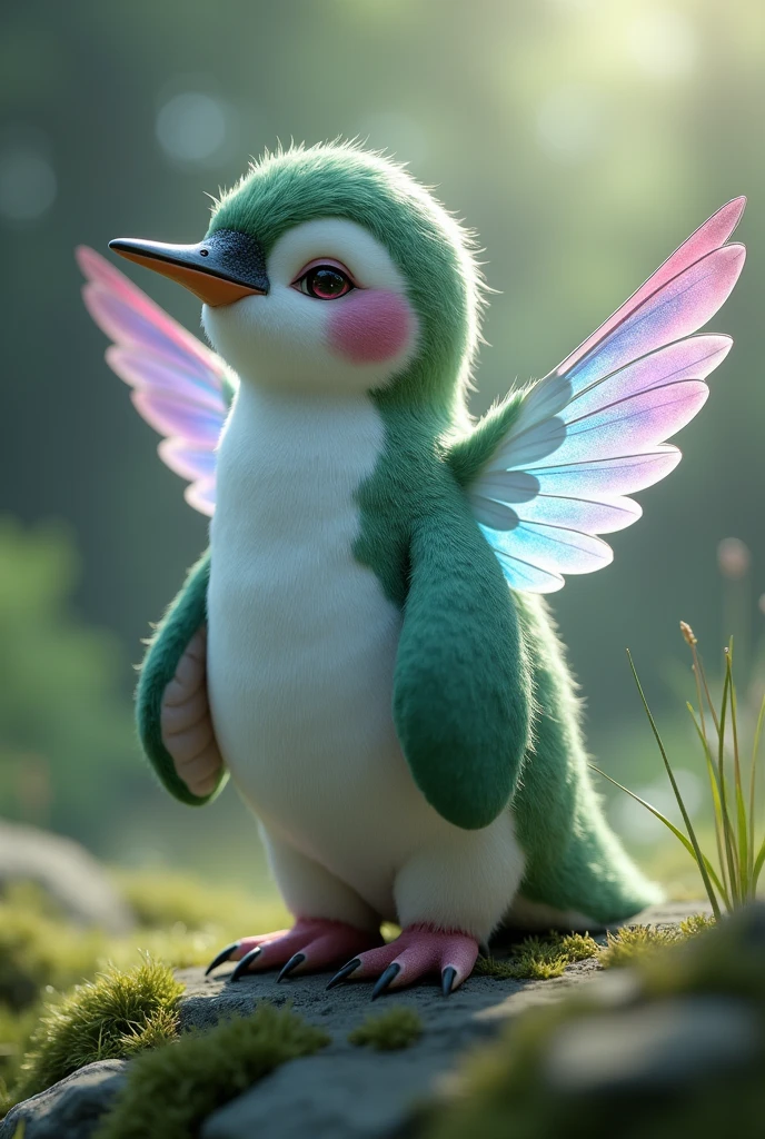 I want you to make a penguin combined with hummingbird wings and colors. Let it be tender realistic type. That it is more delicate, meaning with softer and greenish colors., with purple, blue and the most delicate wings too but from a hummingbird 