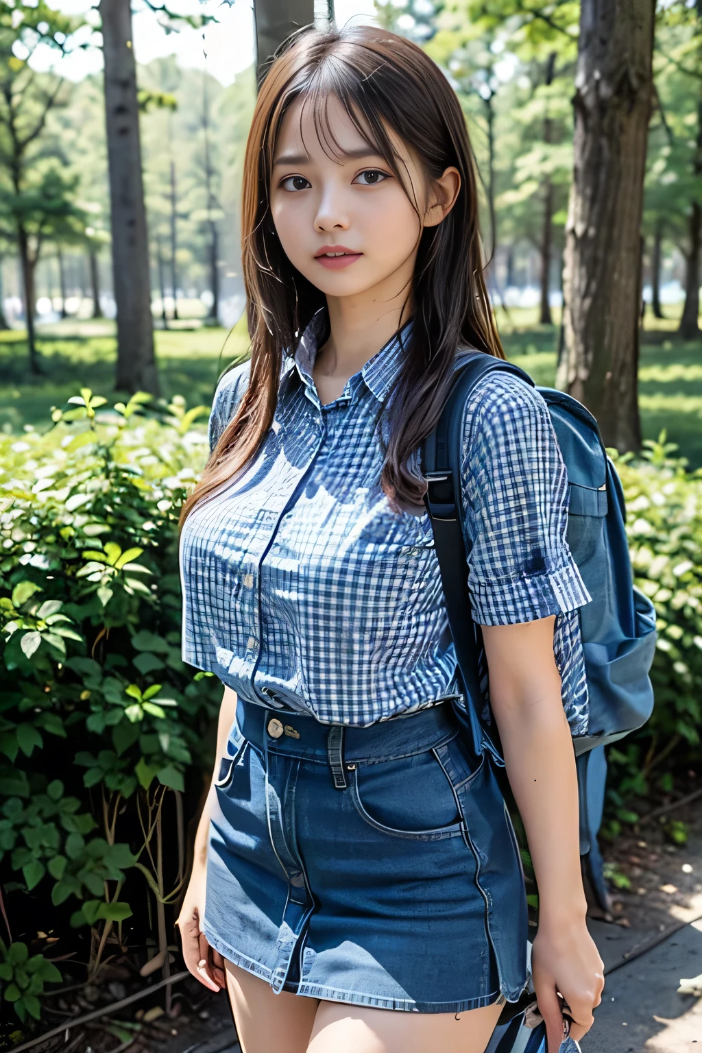 (Nature landscape photography), (Highest quality), Tabletop:1.2, Ultra-high resolution, ((Cowboy Shot:1.4))、Realistic:1.4, RAW Photos, ((In the dark forest、wood々Light shines into the space:1.4)), (Wide-angle shot),  ((Short sleeve open collar blue gingham check shirt:1.4)),(One Girl), (Above the knees photo:1.3), (18-year-old), (Happy:1.2), (Wet skin), (Real Skin), (Semi-long hair, Dark brown hair)、 ((Denim skirt that accentuates thighs:1.4)), ((Carry a large backpack on your back:1.4)), (Ultra detailed face), (Super Beautiful Maid), (Highly detailed eyes), (Very elaborate nose), (Highly detailed mouth), (Very skilled hands), (Super-detailed body), Pan Focus, Gazing at the audience、Angry face