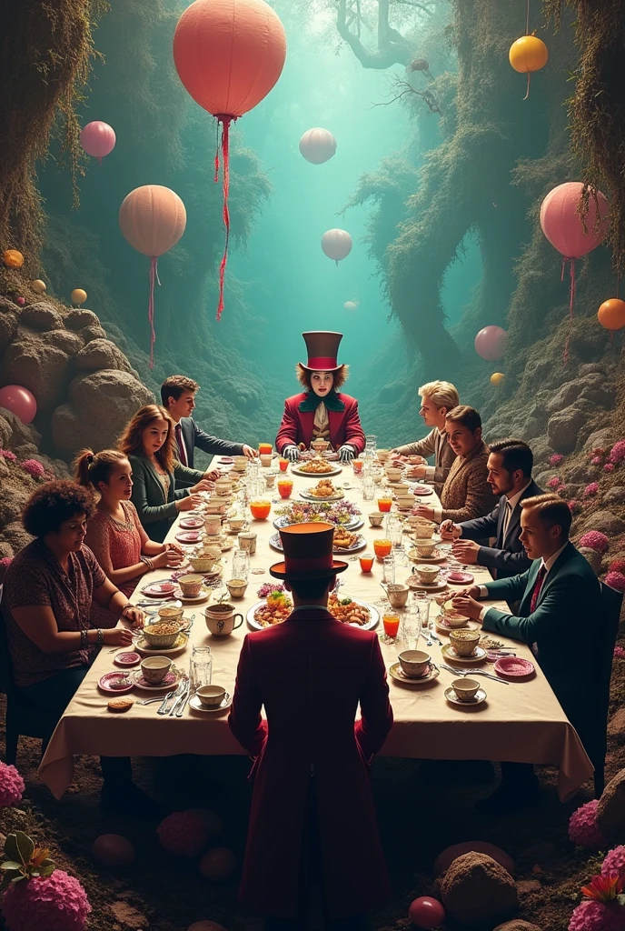 Make the Mad Hatter&#39;s rectangular tea table with him at the end and in the middle of the image and the rest of the characters so that the table is facing the front of the table with various tea things, flowers, cups jugs, crazy stuff and watches Cyborg Joker Echo (Maya Lopez)
Jason Grace
Leo Valdez
Loki
Nico di Angelo
Piper McLean
Professor Xavier
Reyna Avila
Toph
Thor