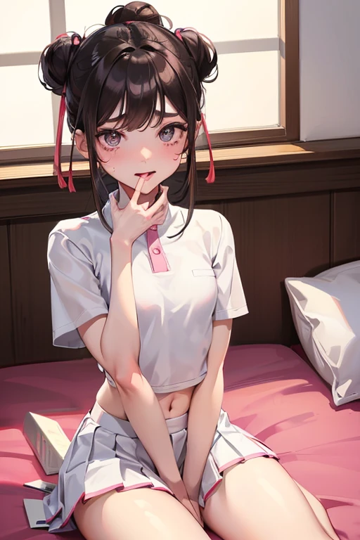 Chinese girl
,School uniform
,White pleated skirt
,Black messy bun
,Pink heart-shaped eyes
,small waist
,Sitting on the bed
,night time
,There is warm light from the bulb.
,Beautiful composition
,Taken by a professional photographer
,stick out your tongue
,My eyebrows droop.
,Happy shy
,Thin eyebrows, not too dark
,small nose
,There are some small bumps on the face.
,small breasts
,Don't be a jerk.
,small
,sparkling eyes
,pink mouth
,pink cheeks
,See the thighs and navel
,break out
,Hands tied
,Sweating
,There was milk spilled on it.