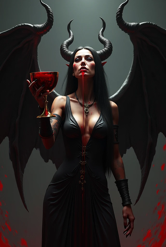 a demon woman with wings and slit eyes, your eyes are evil, and she holds a chalice where the blood-colored liquid reflects the words: pride.. she drinks the liquid that overflows over her face and body