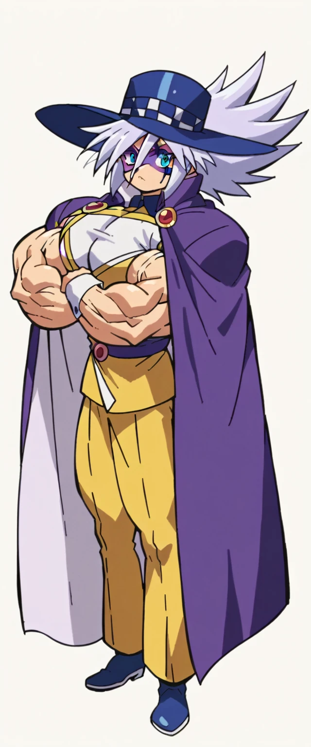 Highest quality,Masterpiece,Pro Art,8k,Based on anatomy,silk hat,Light purple hair,Eye mask,Purple Cape,Japan animated style,kait8uj8ker, white hair, spiked hair, Blue eyes,Full body image,(((Huge muscles))),