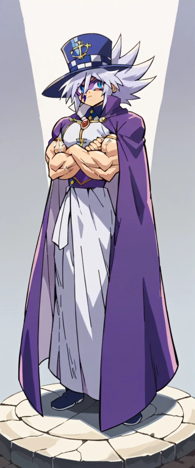 Highest quality,Masterpiece,Pro Art,8k,Based on anatomy,silk hat,Light purple hair,Eye mask,Purple Cape,Japan animated style,kait8uj8ker, white hair, spiked hair, Blue eyes,Full body image,(((Huge muscles))),