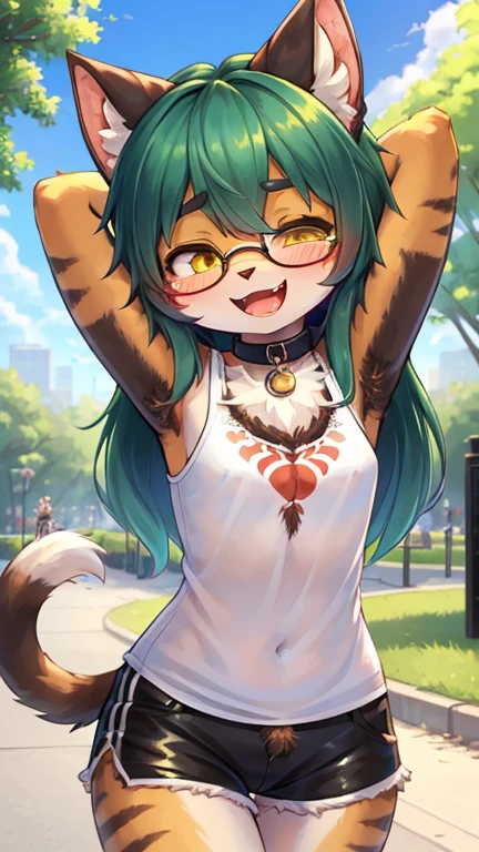 Best Quality,better resolution,(fluffy hairy antrum :1.6),(young :1.8),cat girl,small breasts,dark green hair,by the wide,yellow eyes,bright Eyes,bright Eyes,Brown leather,(White camisole),black shorts,Glasses,heart collar,Stop,public park,Sun ray,full face blush,looking at the viewer,(heart expression eyes),(heart eyes),passionate face,smile,open mouth,one eye closed,language,armpit