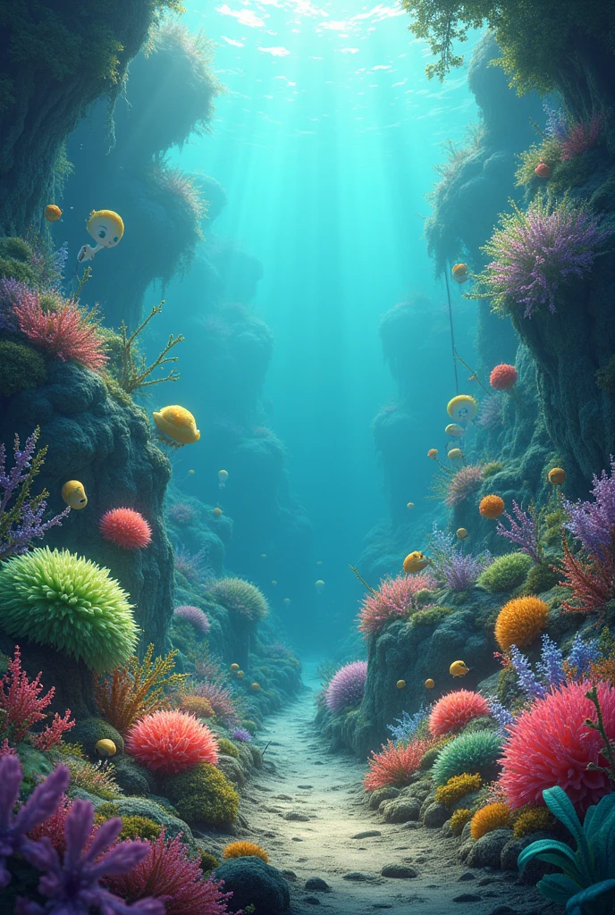 Pixar-like image of different species of Antarctic plants under the sea (Mosses ,lichens ,began ,etc)