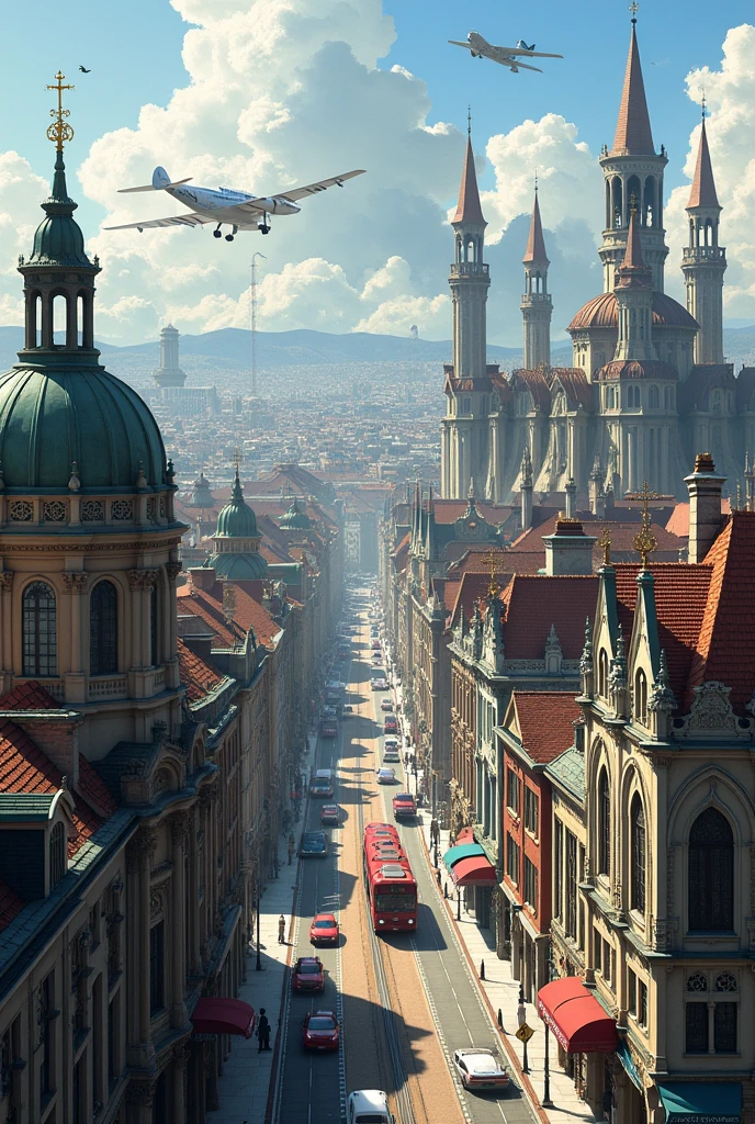 A city with several buildings, baroque churches, houses, storefronts, railway stations and railways, vehicles passing by, an airport and planes passing by.